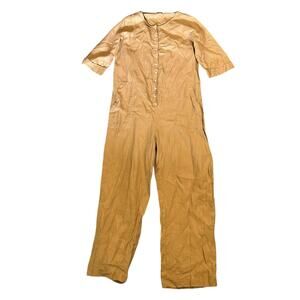 Lanhtropy Tan Linen Button Front Jumpsuit Womens Large Lagenlook Minimalist